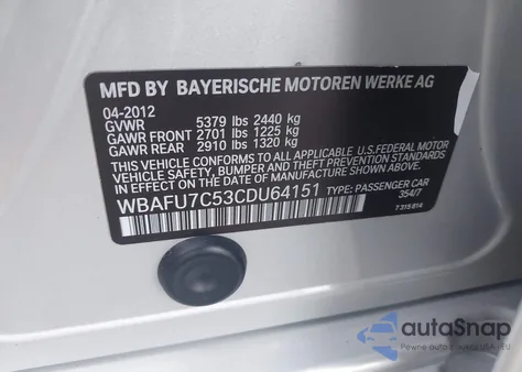 2012 BMW 535I xDrive from USA, damaged, VIN WBAFU7C53CDU64151